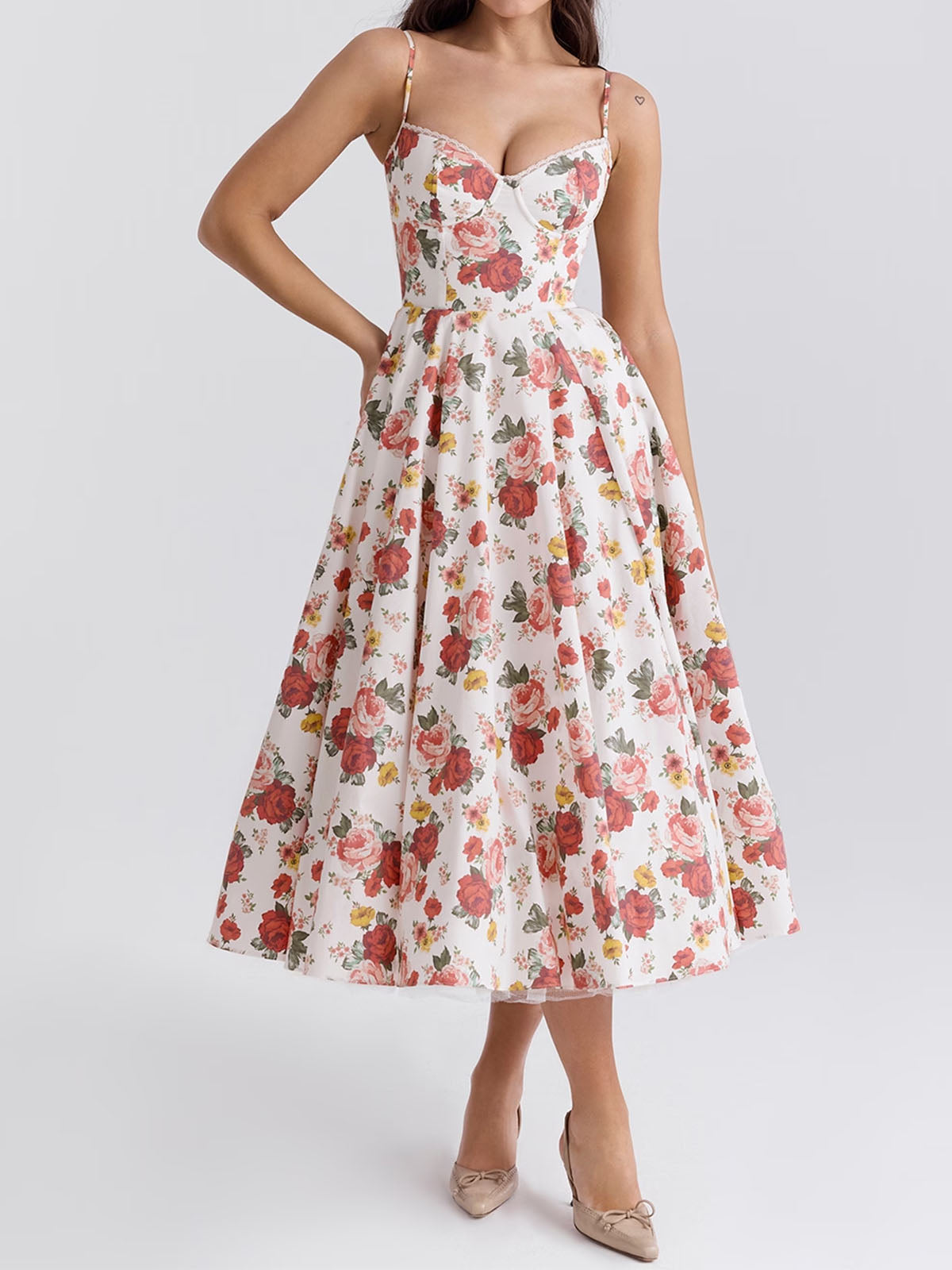 Elegant Sweetheart Fit & Flare Tulle Layer Resort Satin Slip Midi Dress