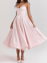 Elegant Sweetheart Fit & Flare Tulle Layer Resort Satin Slip Midi Dress