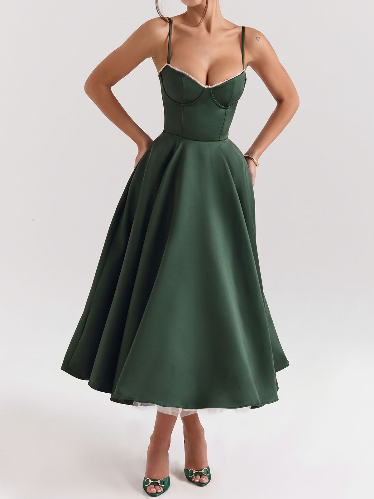 Elegant Sweetheart Fit & Flare Tulle Layer Resort Satin Slip Midi Dress