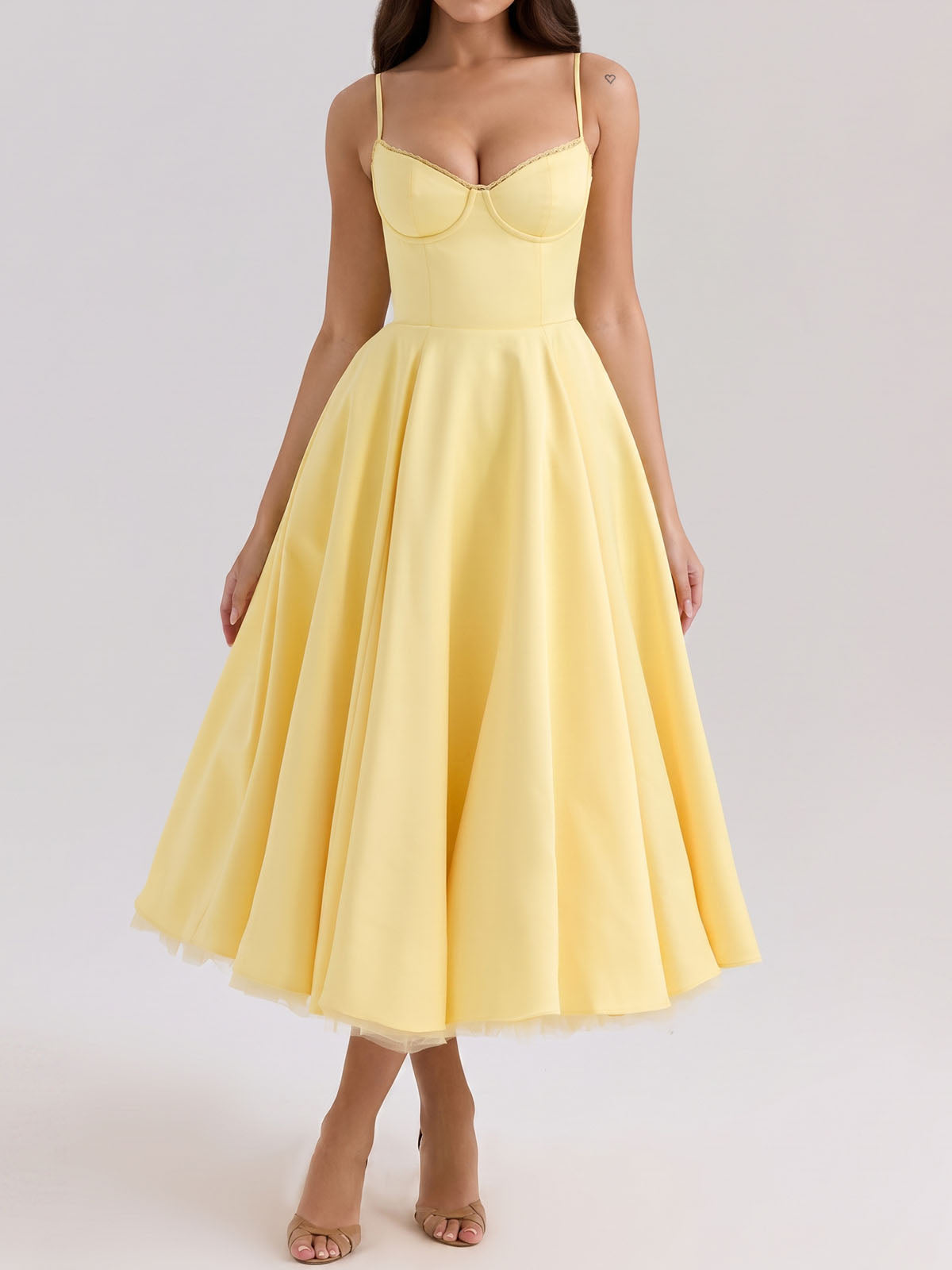 Elegant Sweetheart Fit & Flare Tulle Layer Resort Satin Slip Midi Dress