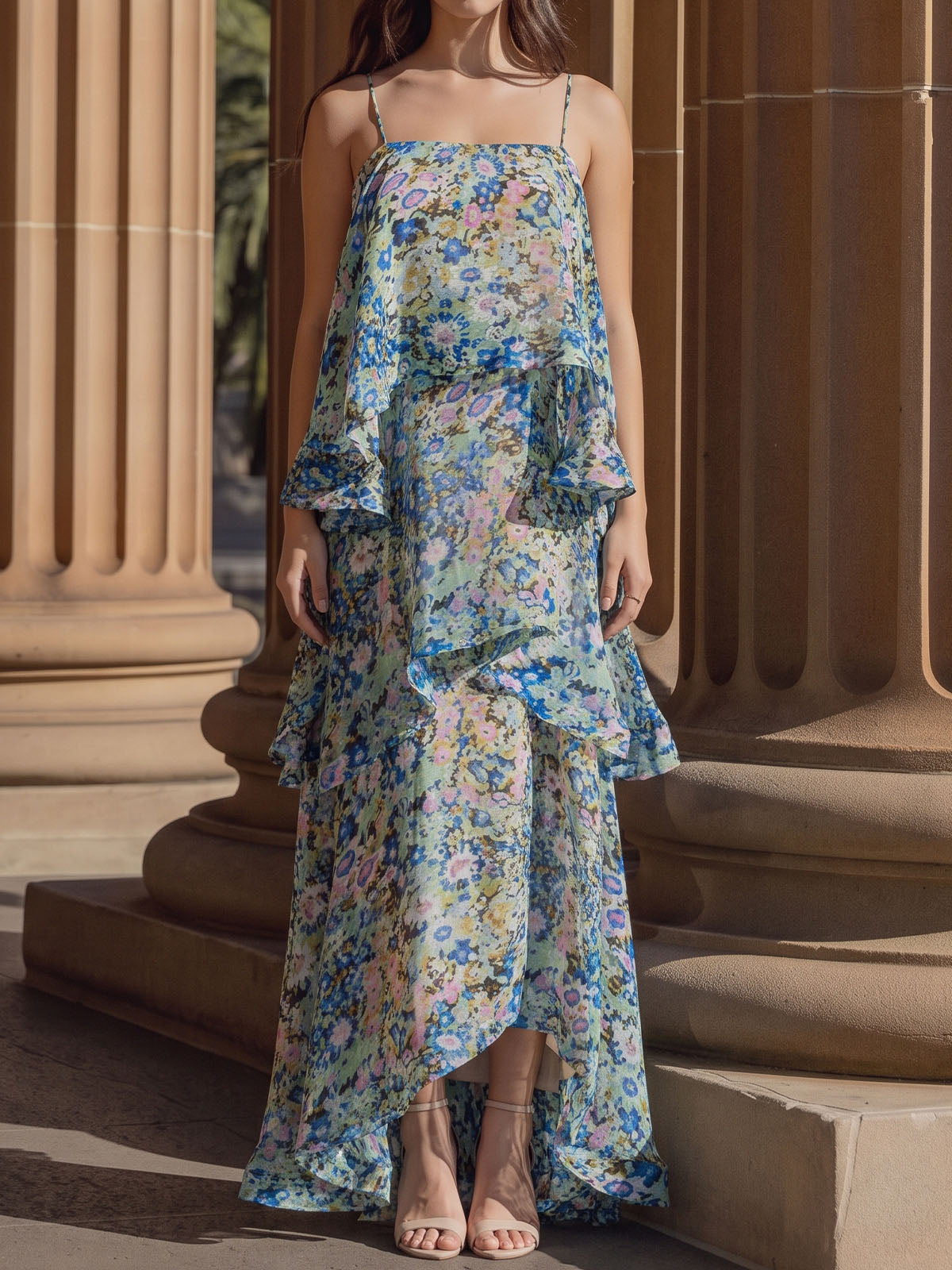 Ethereal Square Neck Tiered Ruffle Resort Floral Print Slip Maxi Dress