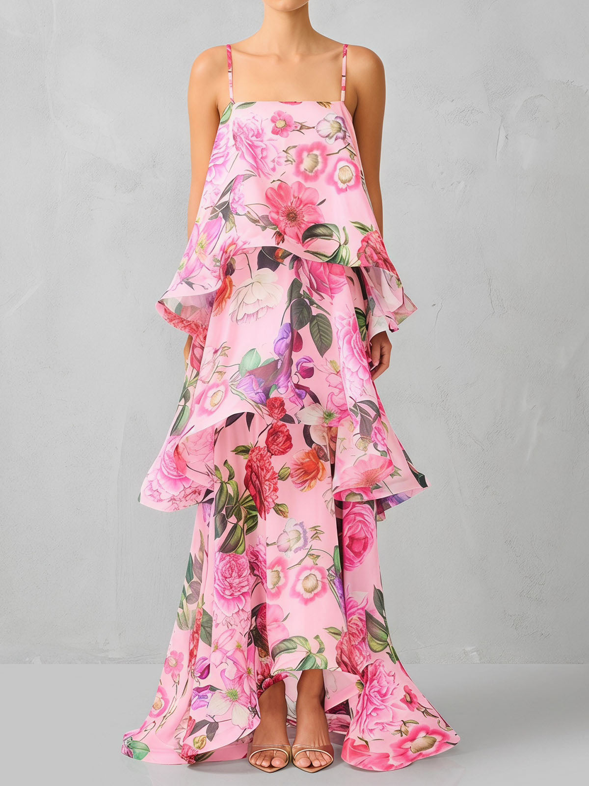 Ethereal Square Neck Tiered Ruffle Resort Floral Print Slip Maxi Dress