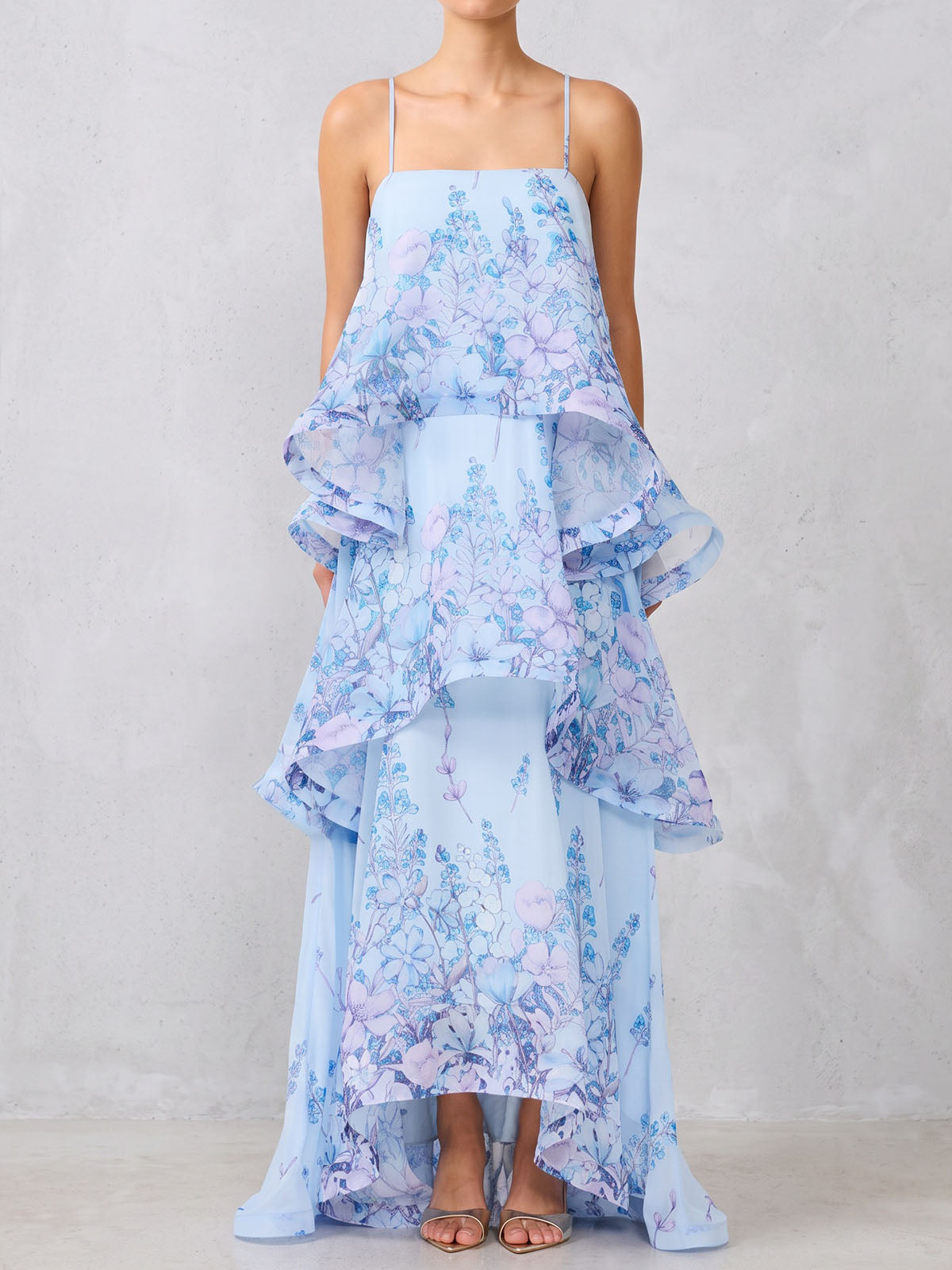 Ethereal Square Neck Tiered Ruffle Resort Floral Print Slip Maxi Dress