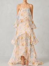 Ethereal Square Neck Tiered Ruffle Resort Floral Print Slip Maxi Dress