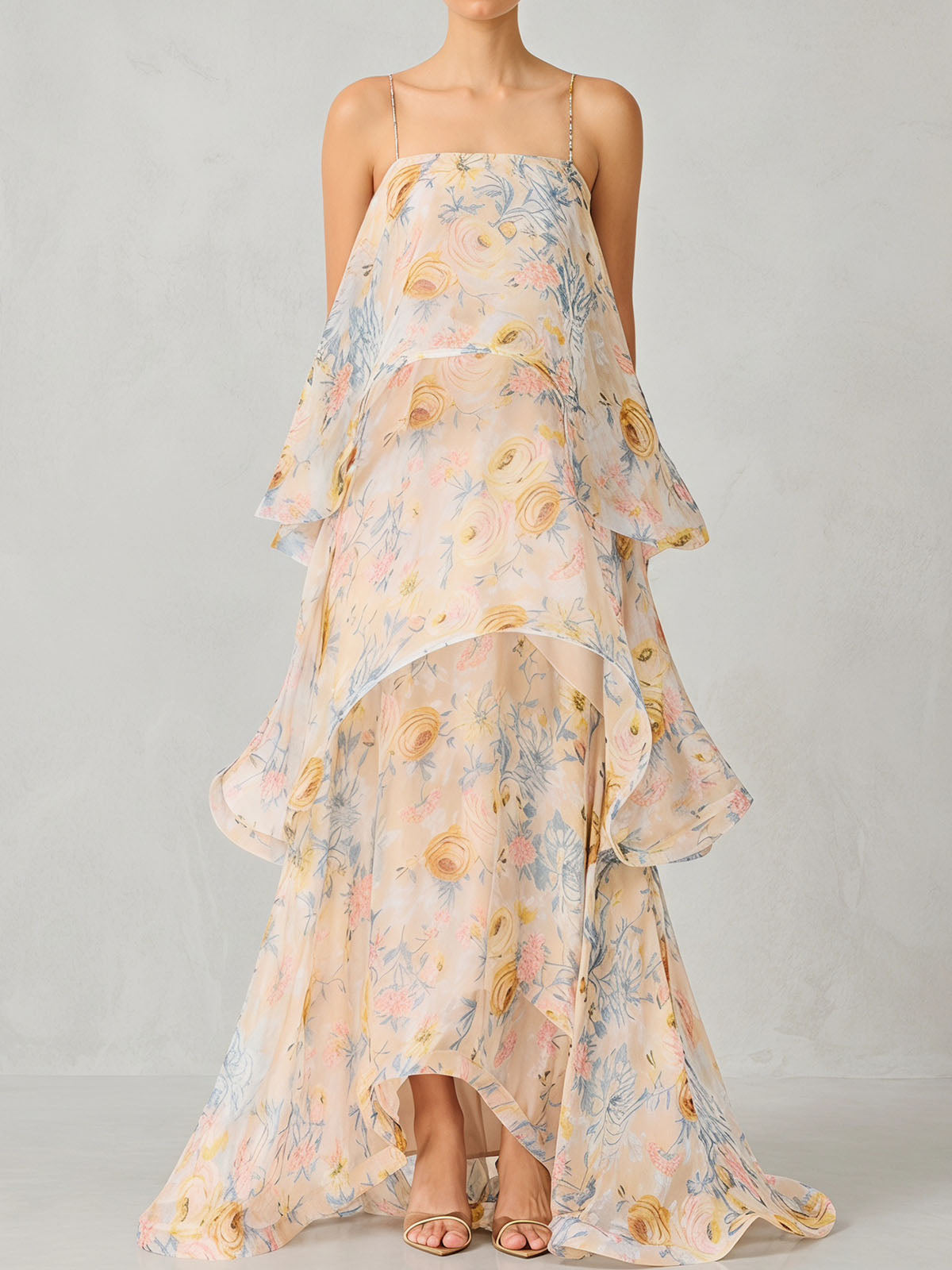 Ethereal Square Neck Tiered Ruffle Resort Floral Print Slip Maxi Dress