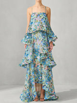 Ethereal Square Neck Tiered Ruffle Resort Floral Print Slip Maxi Dress