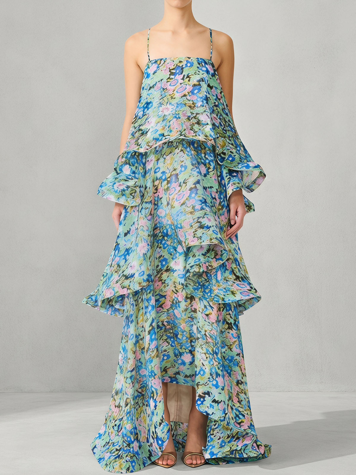 Ethereal Square Neck Tiered Ruffle Resort Floral Print Slip Maxi Dress