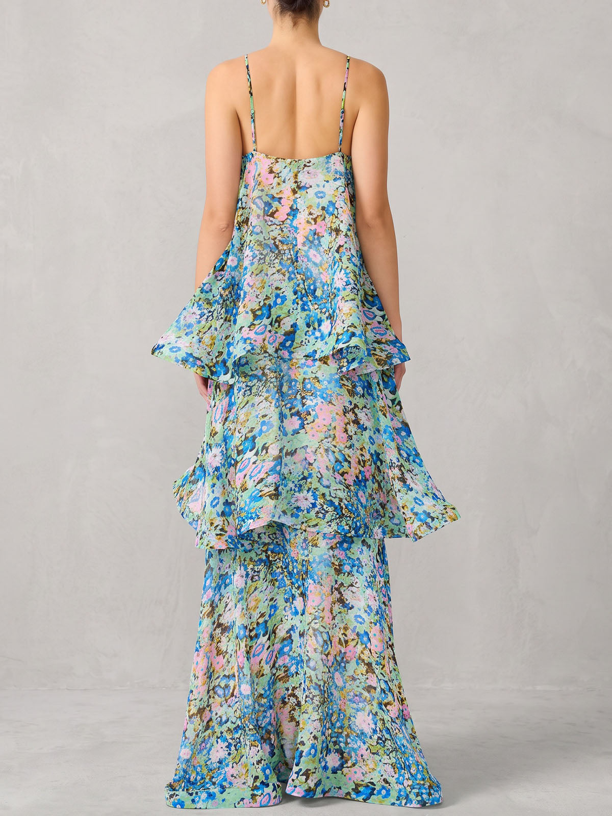 Ethereal Square Neck Tiered Ruffle Resort Floral Print Slip Maxi Dress