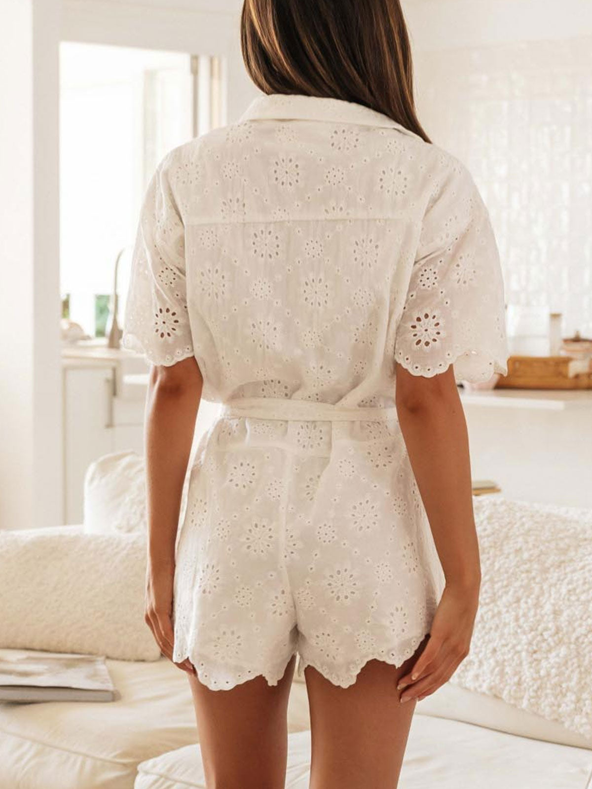 Exquisite Floral Eyelet Collared Button Up Resort Belted Romper