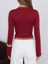 Feminine Scalloped Lace Trim Long Sleeve Resort Tie Waist Wrap Top