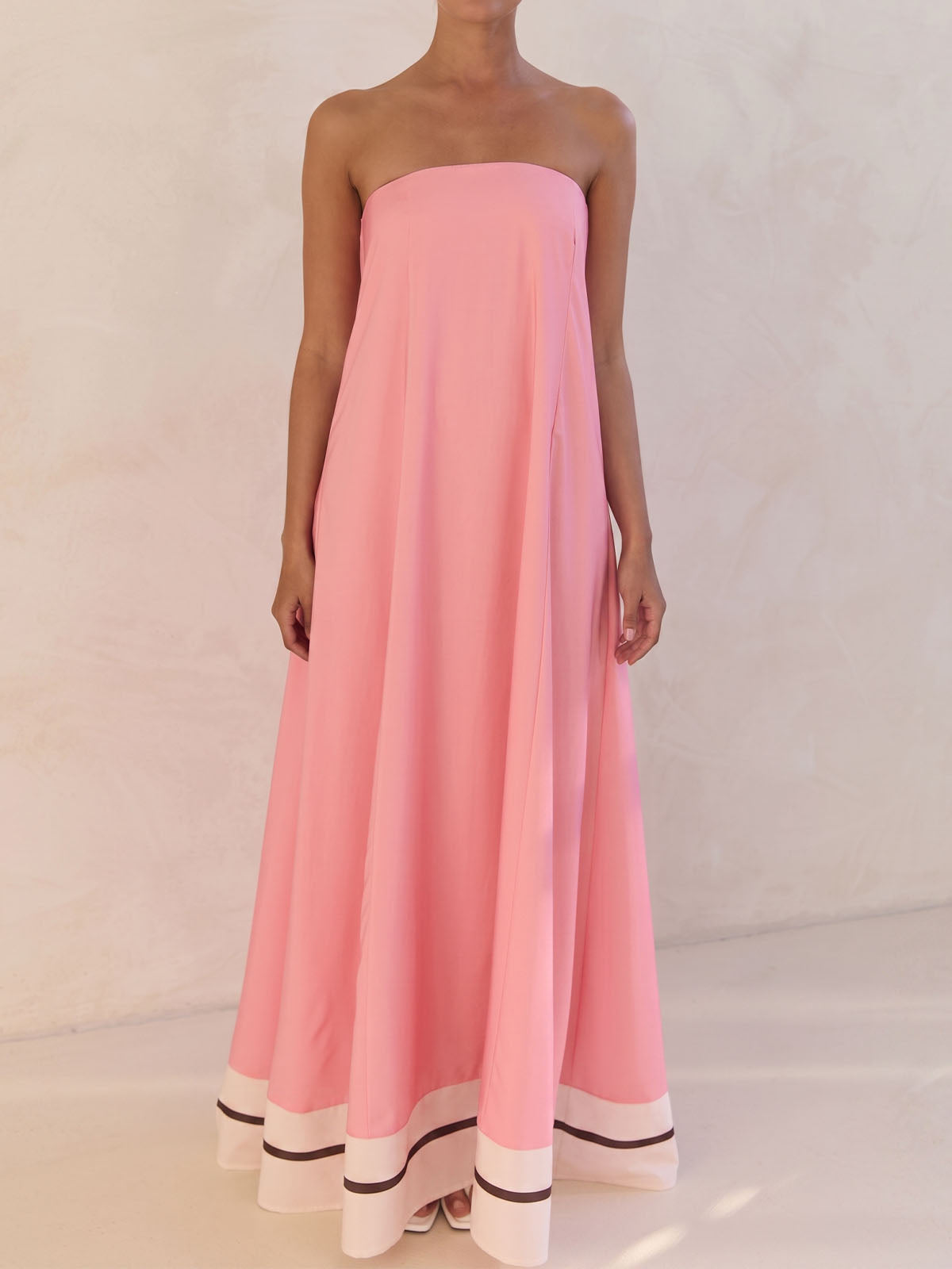 Flowy Border Print Strapless A Line Resort Strapless Maxi Dress