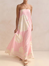 Flowy Border Print Strapless A Line Resort Strapless Maxi Dress