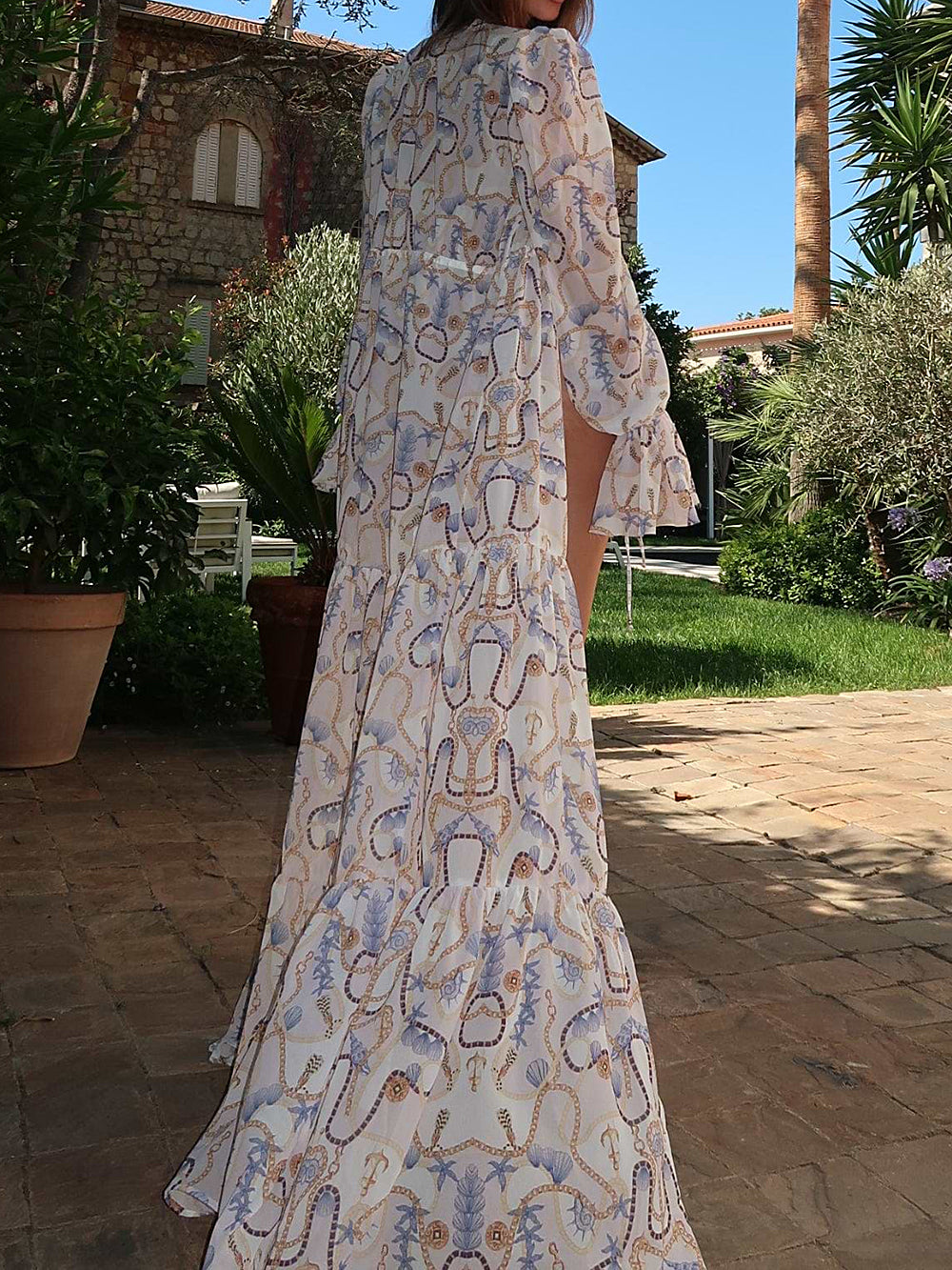 Flowy Chain Print Puff Sleeve Chiffon Tiered Maxi Cover Up