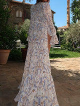 Flowy Chain Print Puff Sleeve Chiffon Tiered Maxi Cover Up