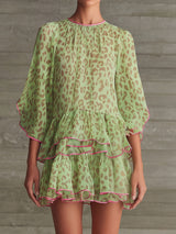 Flowy Crew Neck Elbow Sleeve Tiered Ruffle Leopard Chiffon Mini Dress
