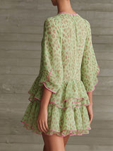Flowy Crew Neck Elbow Sleeve Tiered Ruffle Leopard Chiffon Mini Dress