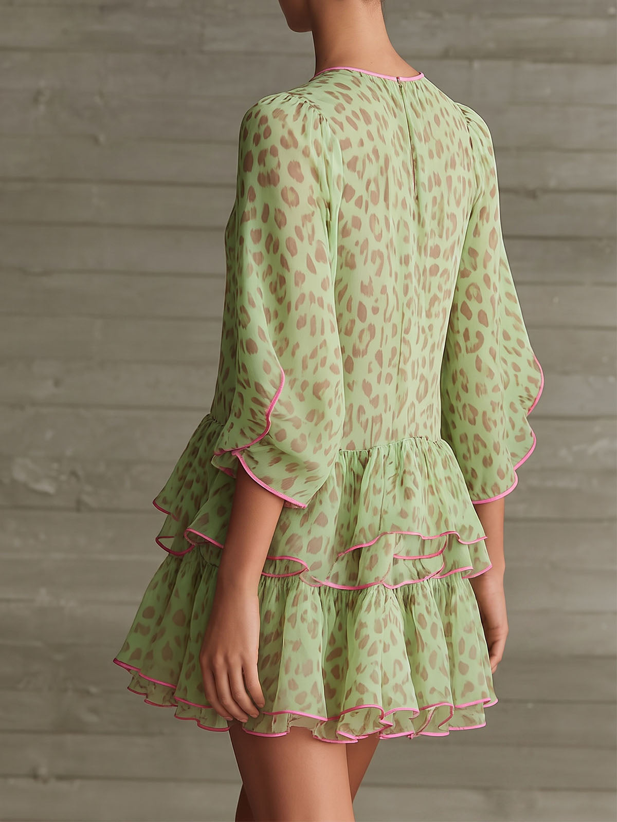 Flowy Crew Neck Elbow Sleeve Tiered Ruffle Leopard Chiffon Mini Dress