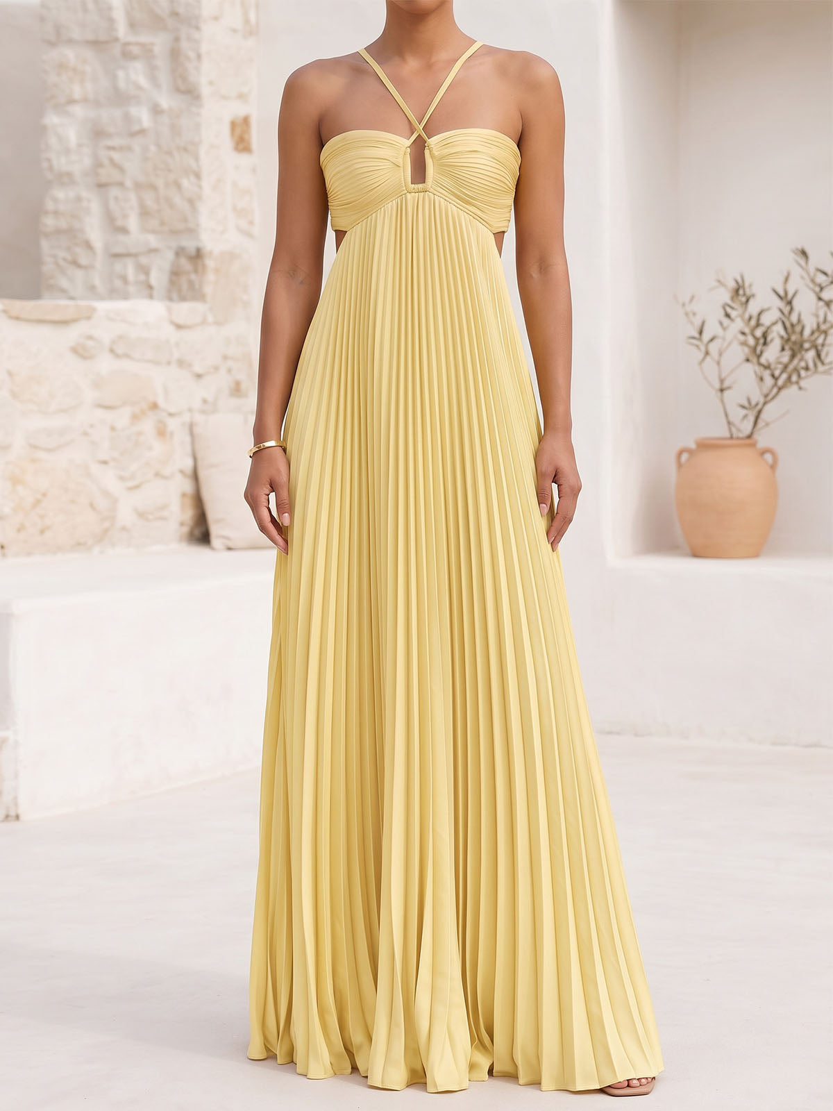 Flowy Crisscross Strap Empire Waist Resort Pleated Cutout Maxi Dress