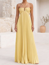 Flowy Crisscross Strap Empire Waist Resort Pleated Cutout Maxi Dress