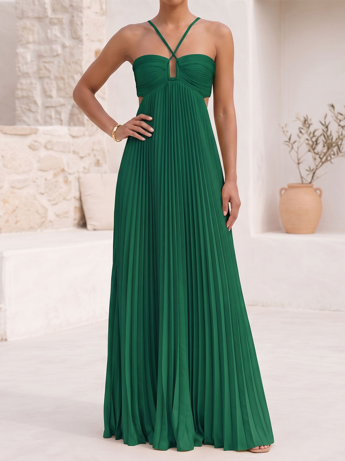 Flowy Crisscross Strap Empire Waist Resort Pleated Cutout Maxi Dress
