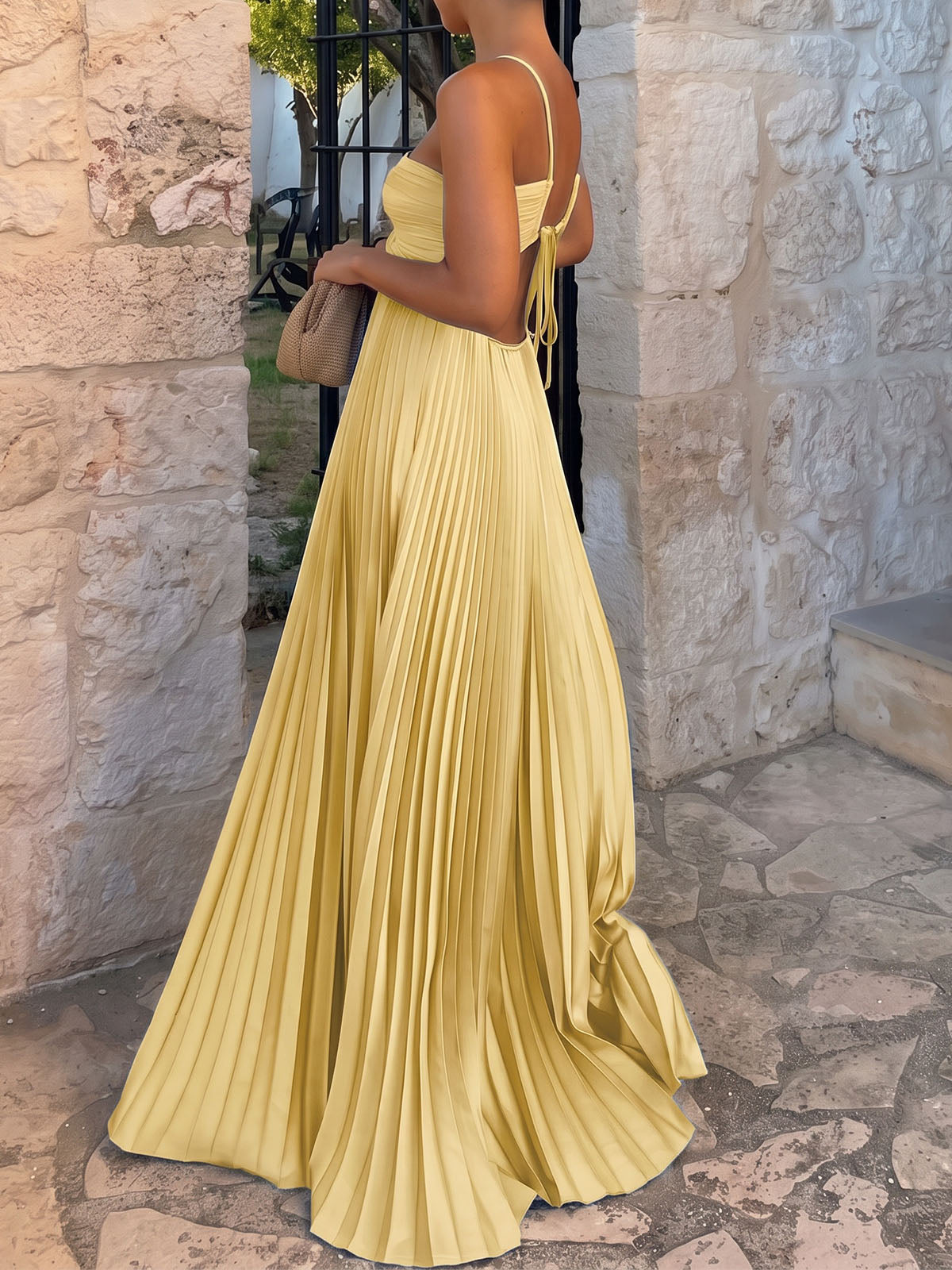 Flowy Crisscross Strap Empire Waist Resort Pleated Cutout Maxi Dress