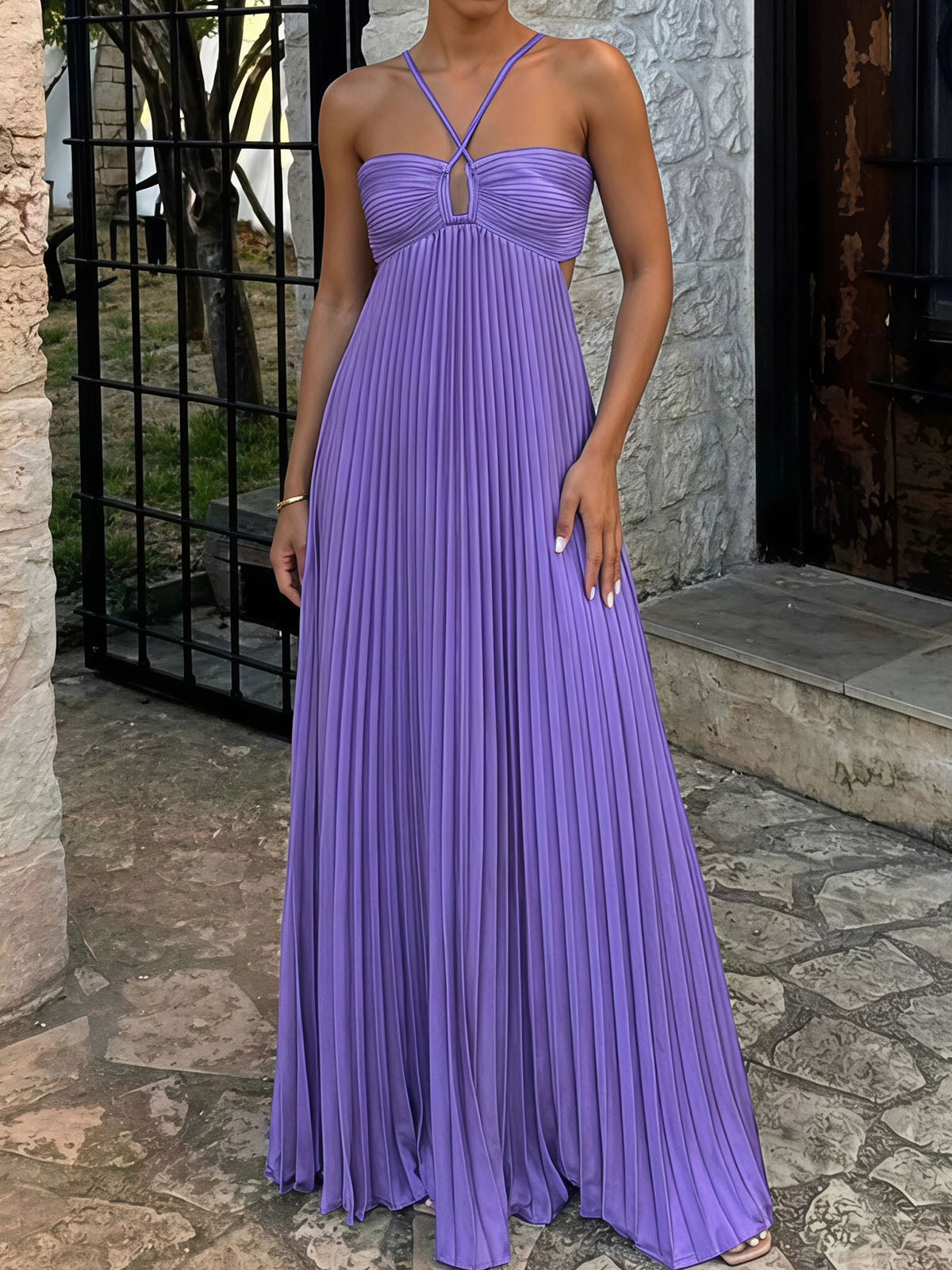 Flowy Crisscross Strap Empire Waist Resort Pleated Cutout Maxi Dress