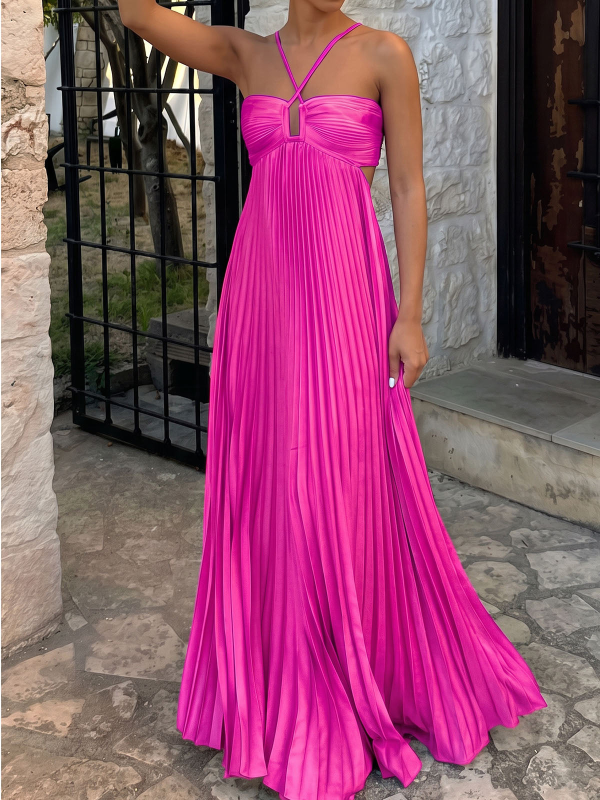 Flowy Crisscross Strap Empire Waist Resort Pleated Cutout Maxi Dress
