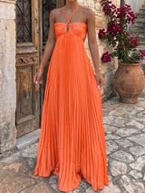 Flowy Crisscross Strap Empire Waist Resort Pleated Cutout Maxi Dress