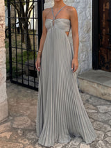 Flowy Crisscross Strap Empire Waist Resort Pleated Cutout Maxi Dress