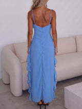 Flowy Deep V Spaghetti Strap High Slit Resort Tiered Ruffle Maxi Dress