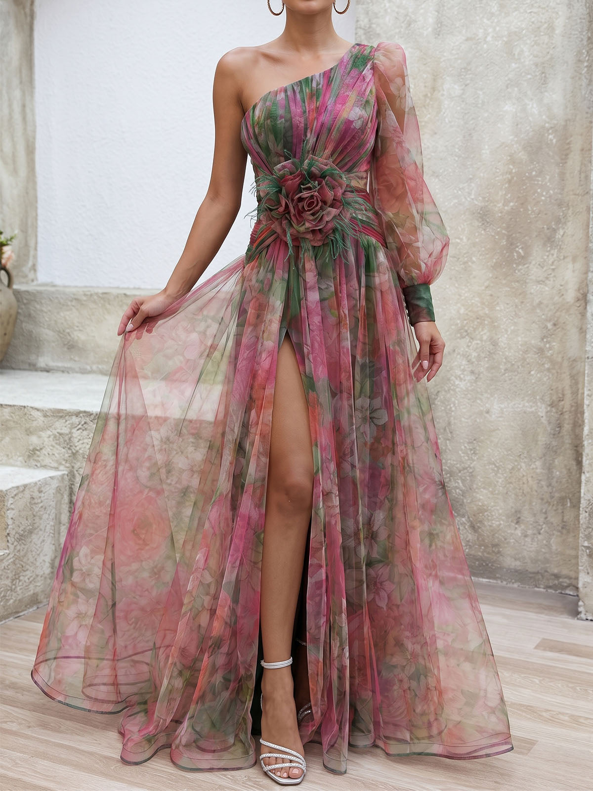 Flowy Floral Print One Shoulder Long Sleeve Slit Ruched Tulle Maxi Dress