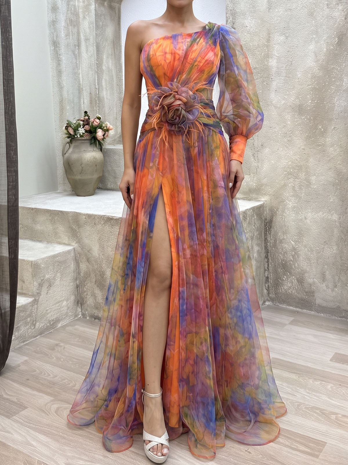 Flowy Floral Print One Shoulder Long Sleeve Slit Ruched Tulle Maxi Dress