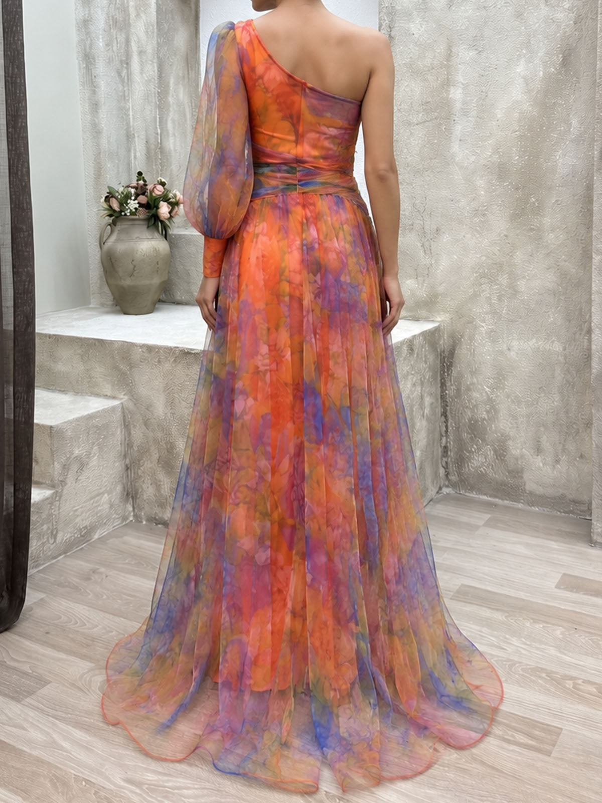 Flowy Floral Print One Shoulder Long Sleeve Slit Ruched Tulle Maxi Dress