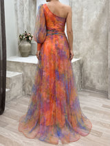 Flowy Floral Print One Shoulder Long Sleeve Slit Ruched Tulle Maxi Dress
