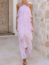 Flowy Halter Tie Layered Ruffle Summer Resort Chiffon High Low Dress