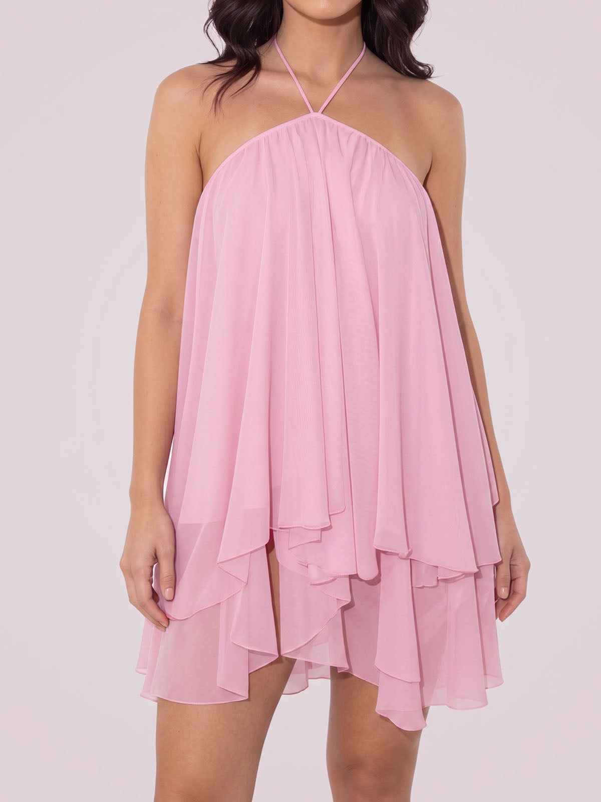 Flowy Halter Tie Open Back Resort A Line Layered Chiffon Mini Dress
