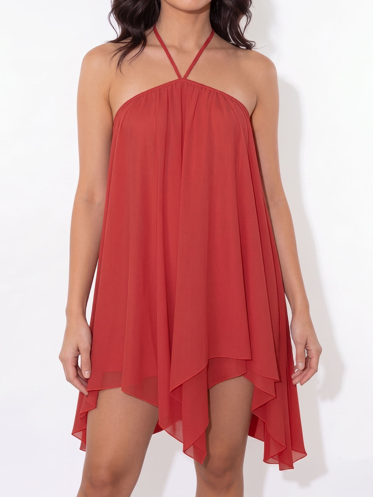 Flowy Halter Tie Open Back Resort A Line Layered Chiffon Mini Dress