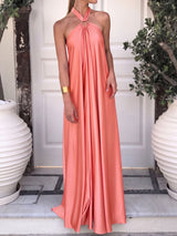 Flowy O Ring Halter Tie Backless Oversized Resort Satin Maxi Dress