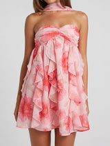 Flowy Ruffle Halter Sweetheart Resort Chiffon Floral Babydoll Mini Dress