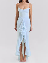 Flowy Ruffle Sweetheart Ruched Mesh Resort Sleeveless High Low Dress