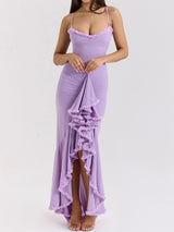 Flowy Ruffle Sweetheart Ruched Mesh Resort Sleeveless High Low Dress