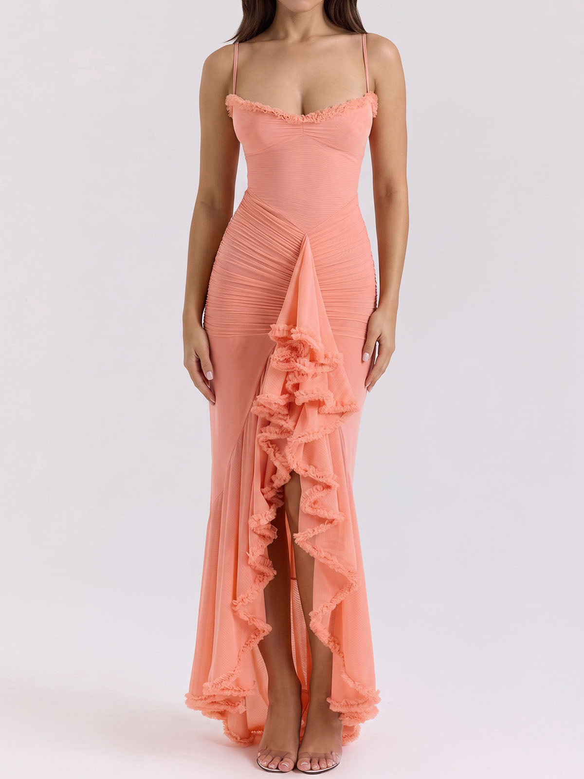 Flowy Ruffle Sweetheart Ruched Mesh Resort Sleeveless High Low Dress