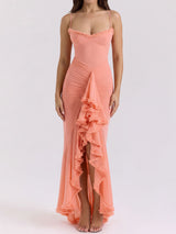 Flowy Ruffle Sweetheart Ruched Mesh Resort Sleeveless High Low Dress