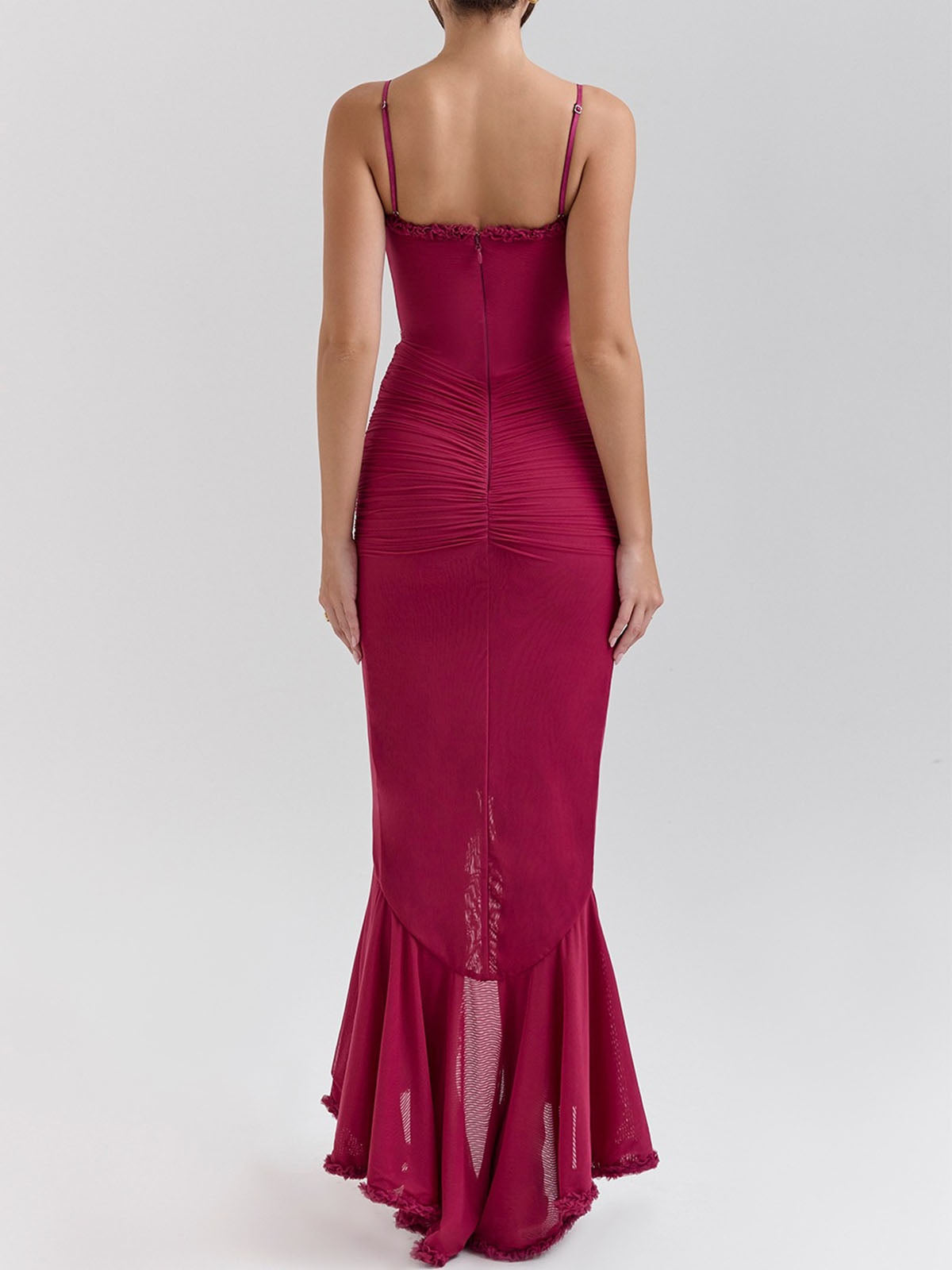 Flowy Ruffle Sweetheart Ruched Mesh Resort Sleeveless High Low Dress