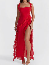 Flowy Ruffled Square Neck Sleeveless High Slit Sleeveless Midi Dress