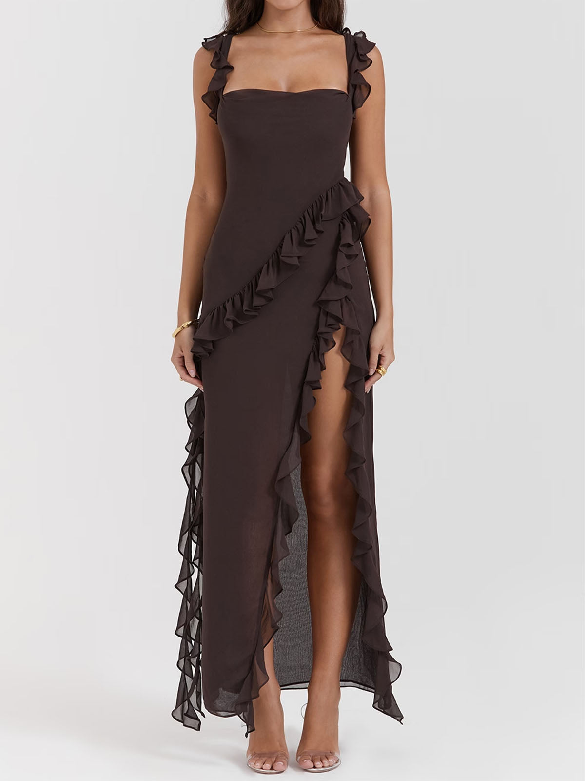 Flowy Ruffled Square Neck Sleeveless High Slit Sleeveless Midi Dress