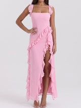 Flowy Ruffled Square Neck Sleeveless High Slit Sleeveless Midi Dress