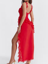 Flowy Ruffled Square Neck Sleeveless High Slit Sleeveless Midi Dress