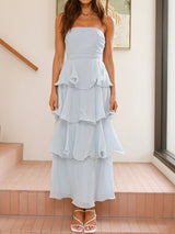 Flowy Strapless Smocked Back High Waist Resort Tiered Ruffle Maxi Dress