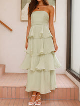 Flowy Strapless Smocked Back High Waist Resort Tiered Ruffle Maxi Dress